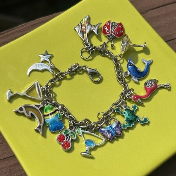 Silver 13-Charm European Enamel/Jezlaine Vintage BRACELET - Picture 1 of 13